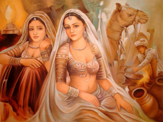 Women traditional dress bed horse - canvas painting free wallpaper