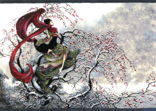 Woman red scarf tree red - ukiyoe free wallpaper for desktop