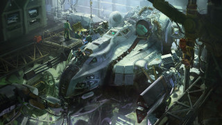 Futuristic vehicle large building machinery - side and a man free wallpaper