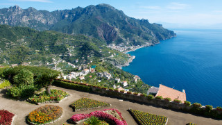 Mountain water garden walkway bridge - scenic free wallpaper for desktop