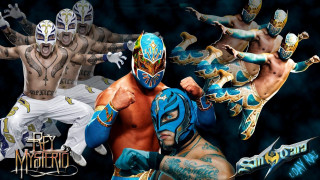 Wrestlers blue yellow costumes arms - their face free wallpaper