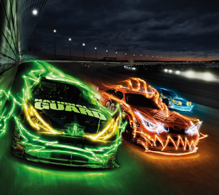 Car neon lights driving street - computer graphic free wallpaper for tablet