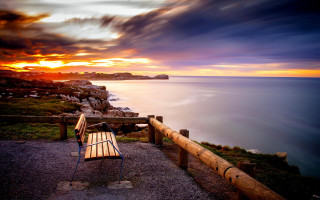 Bench wooden rail ocean sunset - arthur b. carles free wallpaper