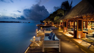 Dock chairs tables night ocean 2 - a restaurant free wallpaper for desktop
