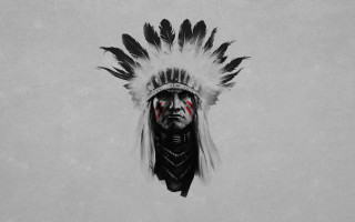Man headdress feathers black white - red eye free wallpaper