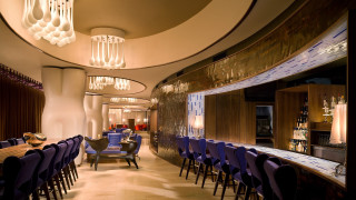 Restaurant circular dining blue chairs - modern art deco free wallpaper
