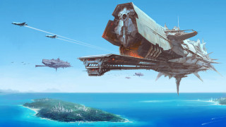 Futuristic ship island ocean plane - afrofuturism free wallpaper for desktop