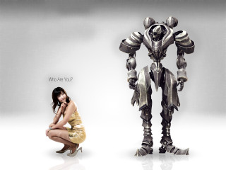 Woman kneeling robot statue cell - a short skirt free wallpaper