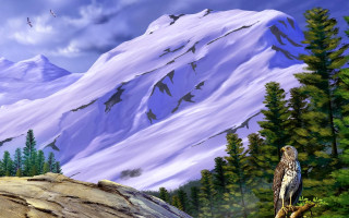 Bird perched tree snowy mountain - a tree branch in front free wallpaper