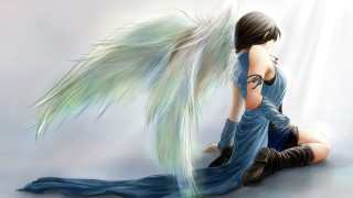 Woman sitting wing blue dress - her knee free wallpaper for desktop