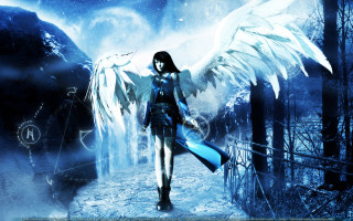 Woman wings forest sword mountain - her hand and a mountain in the background free wallpaper