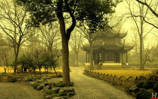 Small pagoda park path trees - cao buxing free wallpaper