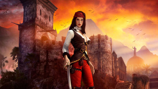 Woman pirate costume castle sword - her hand and a bird free wallpaper