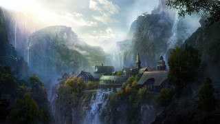 Fantasy castle mountain waterfall below - christophe vacher free wallpaper for desktop