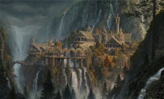 Castle waterfall bridge painting scenery - a painting of a castle free wallpaper