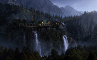 Castle cliff waterfall forest night - a cliff free wallpaper