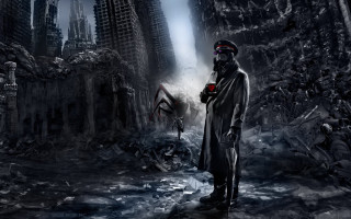 Man trench coat dark city - dystopian art free wallpaper