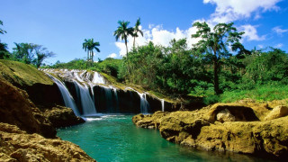 Waterfall forest lake mountain beach - free nature wallpaper for desktop