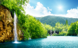 Waterfall lake trees mountains background 2 - avgust černigoj free wallpaper for desktop