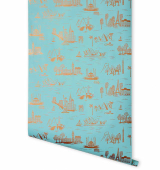 Blue gold pattern buildings boats - city background free wallpaper for tablet