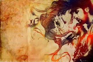Man woman longhair bird grungy - a painting of a man and woman free wallpaper