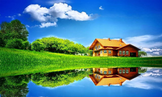 House reflection lake green field 11 - the water of a lake free wallpaper