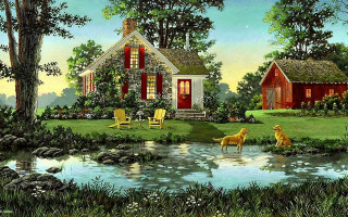 Dog house pond water grass - edward lamson henry free wallpaper