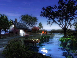 Small house river night horse - dreamlike free wallpaper for desktop