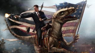 Man riding dinosaur gun flag - american romanticism free wallpaper for desktop