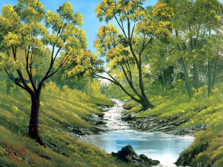 Stream forest trees grass rock - canvas painting free wallpaper