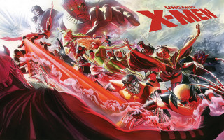 Red black costume group surrounded - alex ross free wallpaper