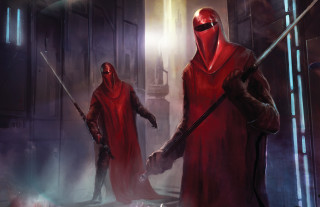 Red robes swords dark room - two person free wallpaper for desktop