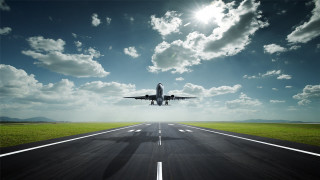 Jetliner flying runway blue sky 2 - turnaround free wallpaper for desktop