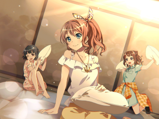 Anime girls sitting bed room 2 - a bed together free wallpaper