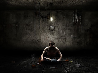 Man sitting dark room clock 3 - dark art free wallpaper for desktop
