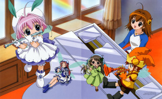 Anime girls table rainbow background - official art free wallpaper for desktop