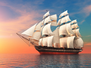Large white sailboat sailing sunset 2 - digital painting free wallpaper