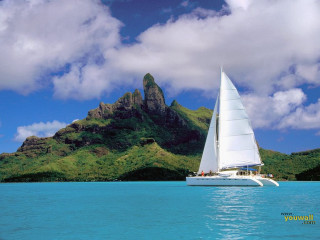 Sailboat mountains ocean clouds scenery - beautiful scenery free wallpaper