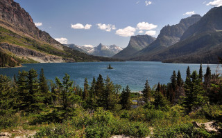 Lake mountains trees boat sky - a few cloud free wallpaper for desktop