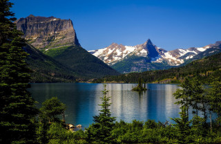 Mountain lake trees snow capped 4 - a mountain range free wallpaper