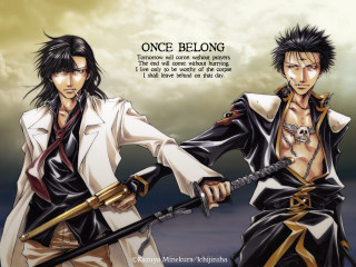 Anime characters swords sky background - a quote above them free wallpaper