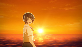 Girl beach sunset sun ocean - official art free wallpaper for desktop
