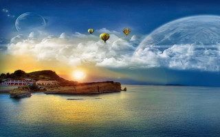Sunset hotairballoons magicrealism mattefantasy astronaut - a painting of a sunset free wallpaper