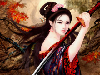 Woman sword painting tree leaves - chen chun free wallpaper