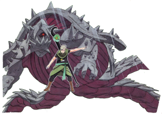 Cartoon man dragon sword demon - his hand and a demon in the background free wallpaper for desktop