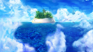 Floating island clouds birds sky - the middle of the ocean free wallpaper