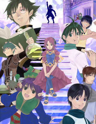 Anime characters stairs sky background - a group of anime characters free wallpaper for mobile