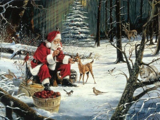 Santa claus woods deers birds - foto realistic free wallpaper