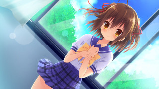 Girl cat schooluniform window blue - a girl in a school uniform free wallpaper
