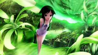 Girl white dress walking green - a green plant in the foreground free wallpaper for desktop